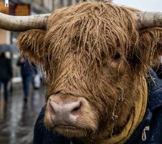 Highland Cow, In a coat, city street